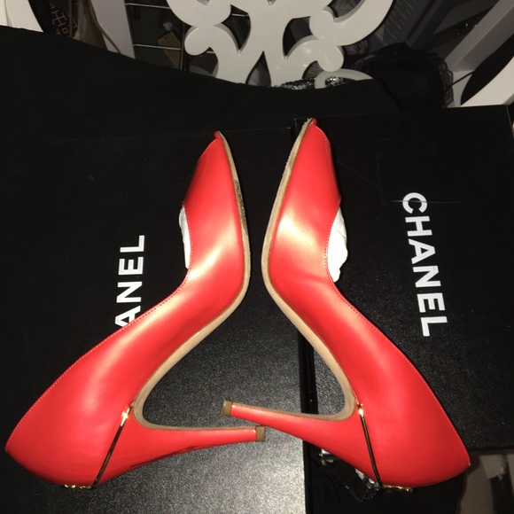 Chanel Coral Red Gold CC peep toe Heels - Picture 6 of 7